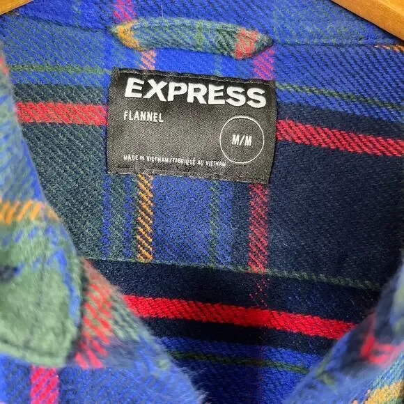 Express Shacket Mens Medium Blue Plaid Flannel Button Up 90s Grunge Preppy - Picture 3 of 5